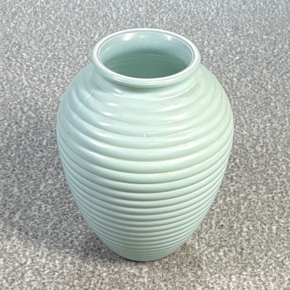 Christopher Stuart Portugal Blue Ribbed Glossy Ceramic Oval Table Vase 8 in